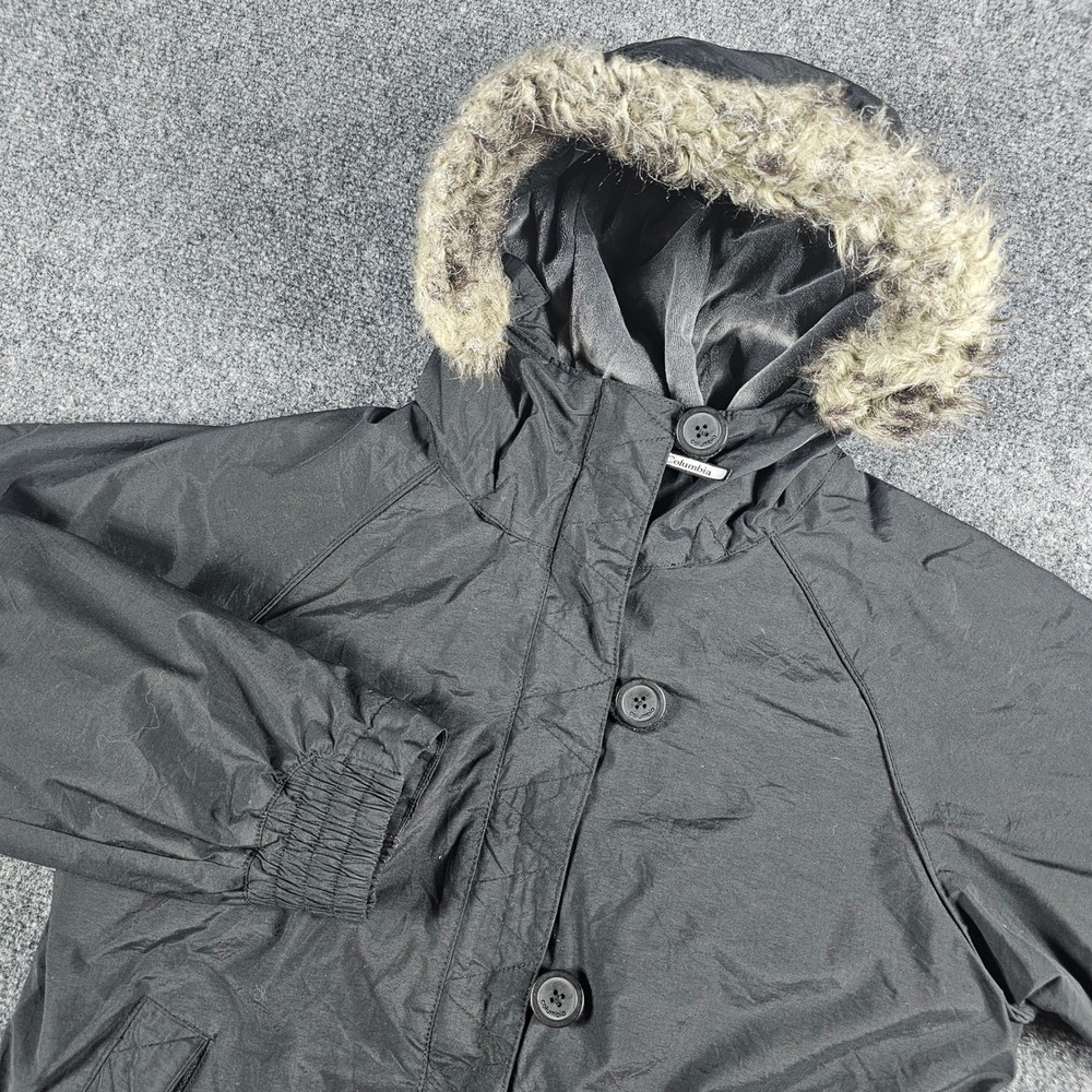 Columbia Bomber Parka Jacket Womens Med Black SL5373 Faux Fur Trim Hooded FAIR